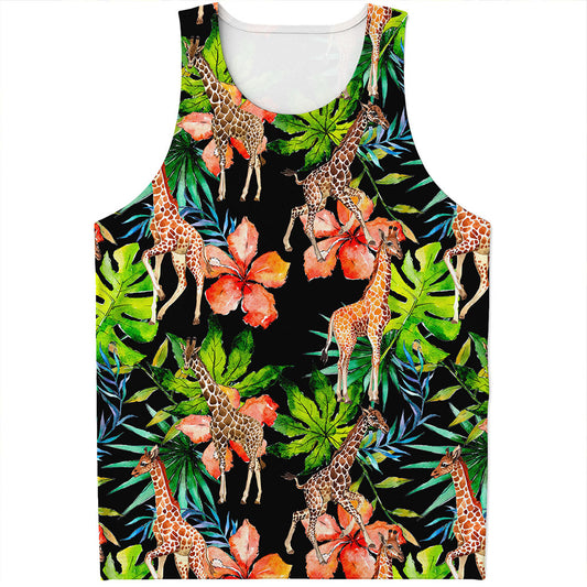 Black Tropical Giraffe Pattern Print Men's Tank Top