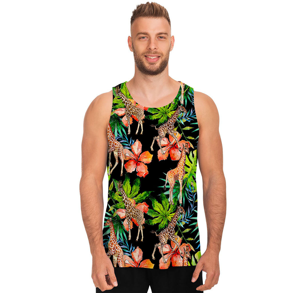 Black Tropical Giraffe Pattern Print Men's Tank Top