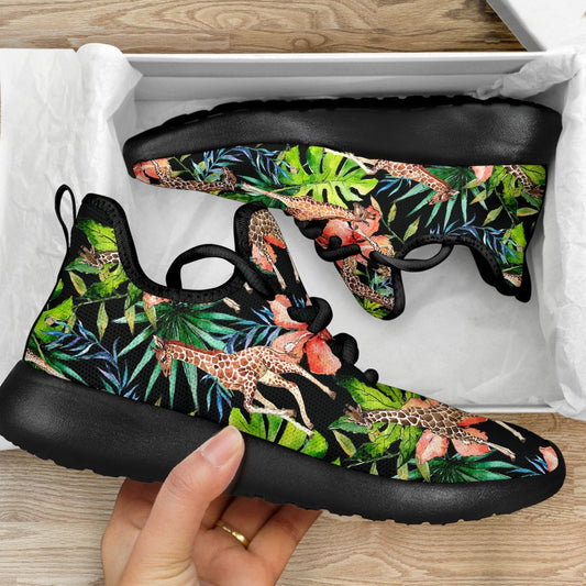 Black Tropical Giraffe Pattern Print Mesh Knit Shoes GearFrost