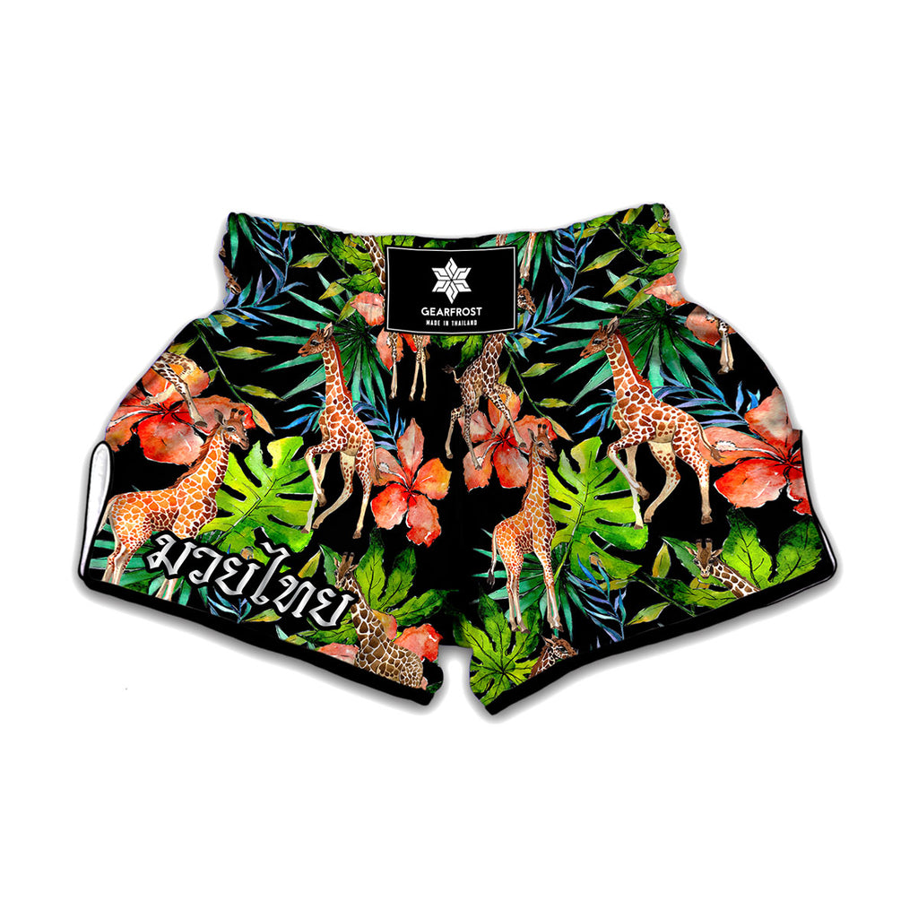 Black Tropical Giraffe Pattern Print Muay Thai Boxing Shorts