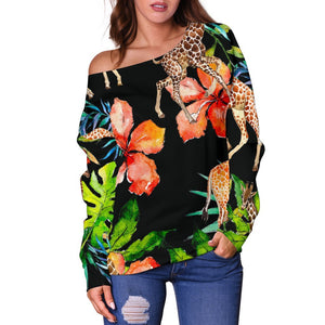 Black Tropical Giraffe Pattern Print Off Shoulder Sweatshirt GearFrost