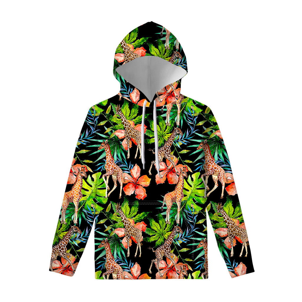 Black Tropical Giraffe Pattern Print Pullover Hoodie