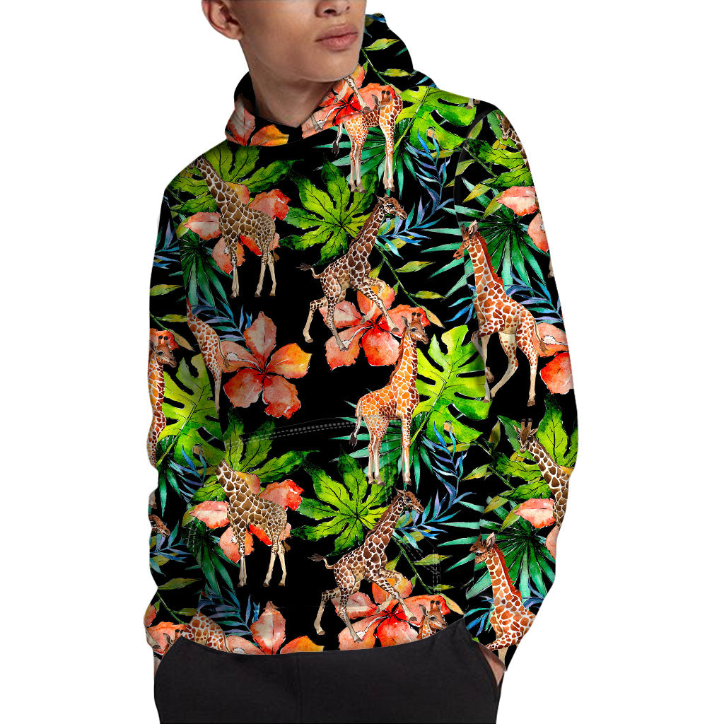 Black Tropical Giraffe Pattern Print Pullover Hoodie
