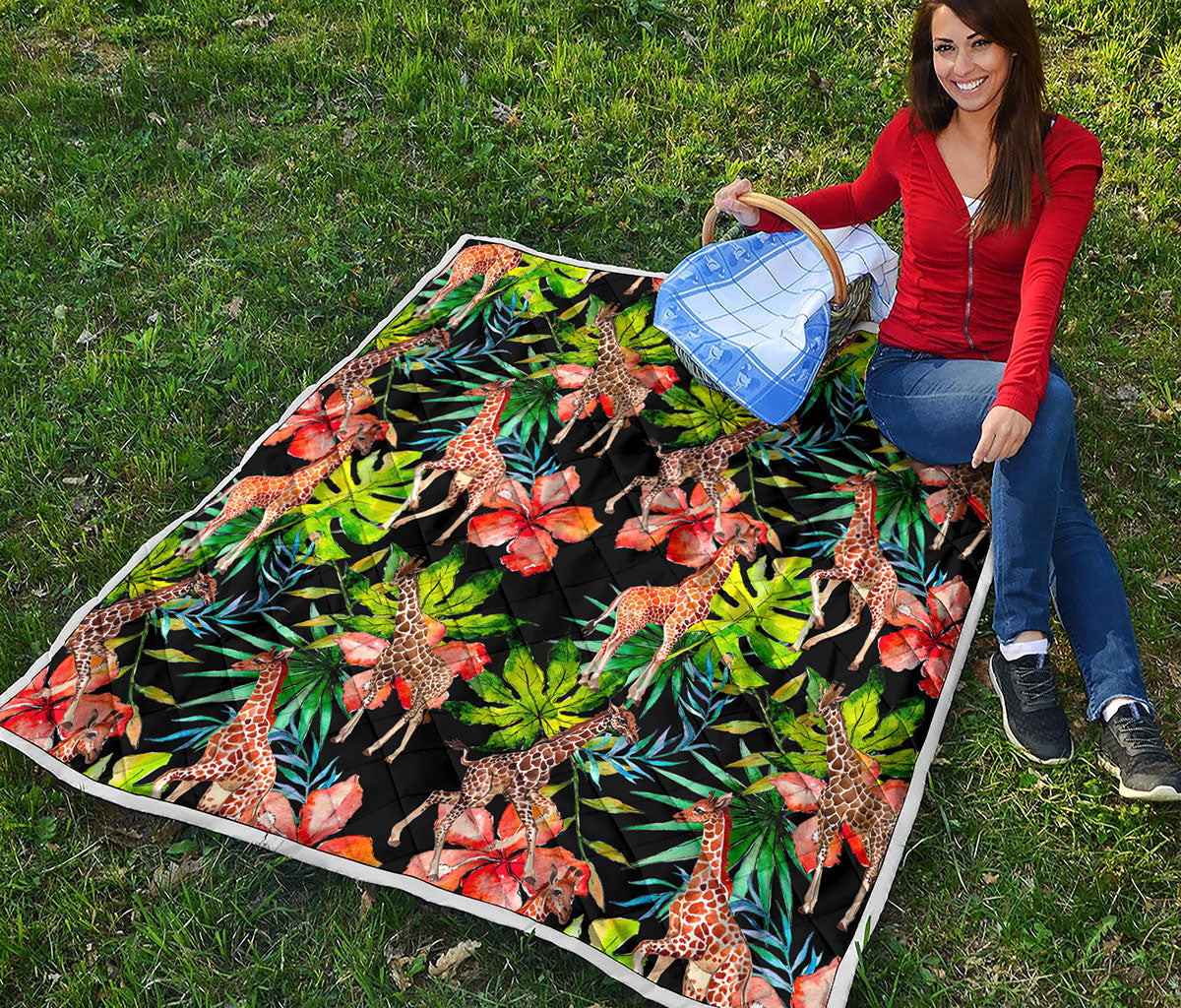 Black Tropical Giraffe Pattern Print Quilt