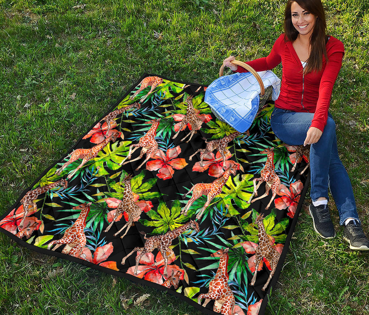 Black Tropical Giraffe Pattern Print Quilt