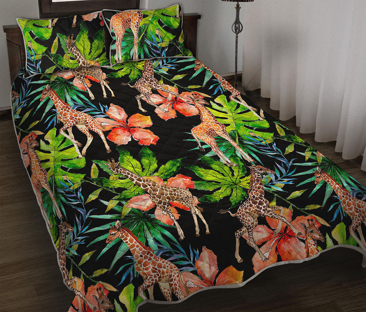 Black Tropical Giraffe Pattern Print Quilt Bed Set