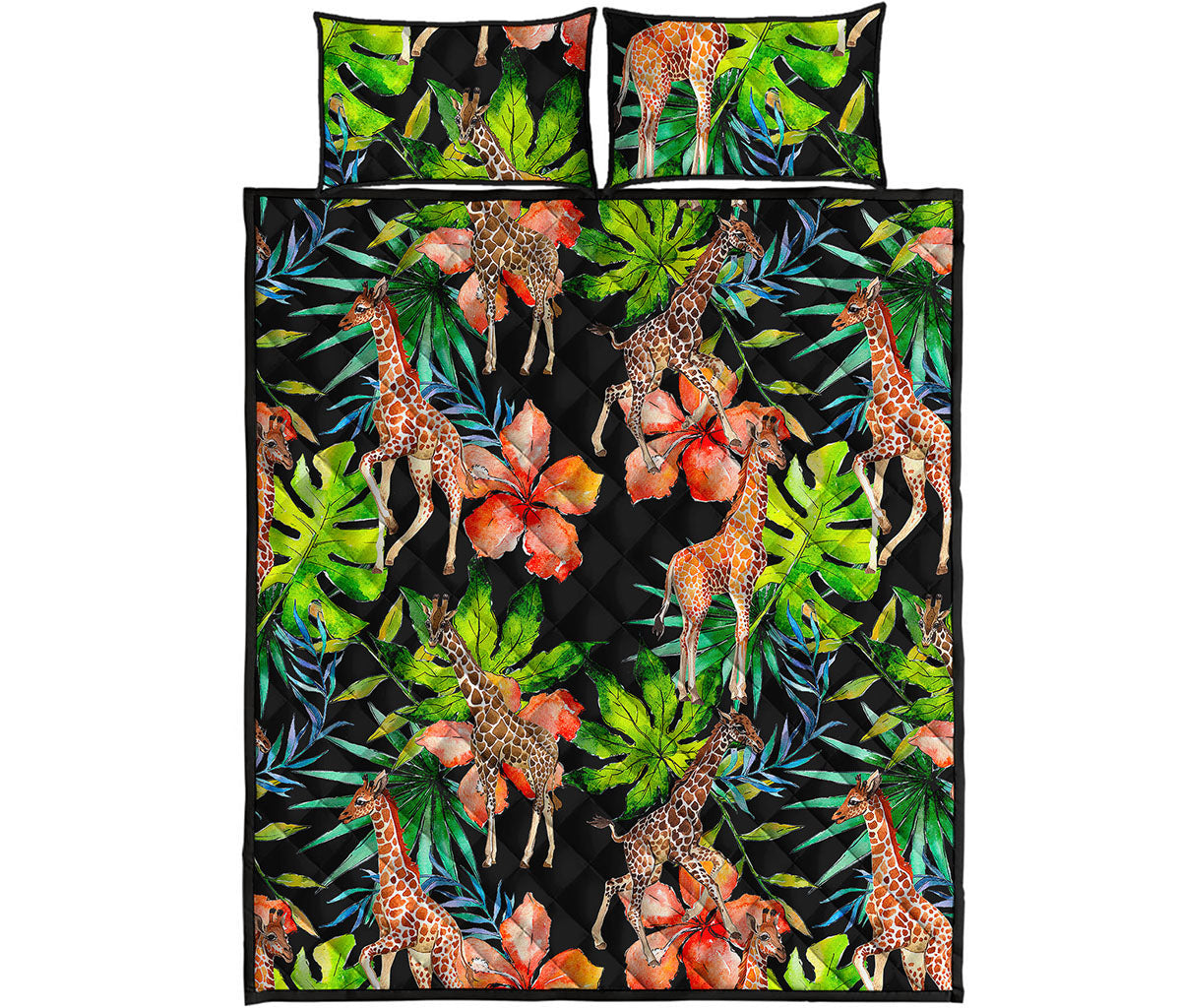 Black Tropical Giraffe Pattern Print Quilt Bed Set