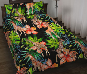 Black Tropical Giraffe Pattern Print Quilt Bed Set