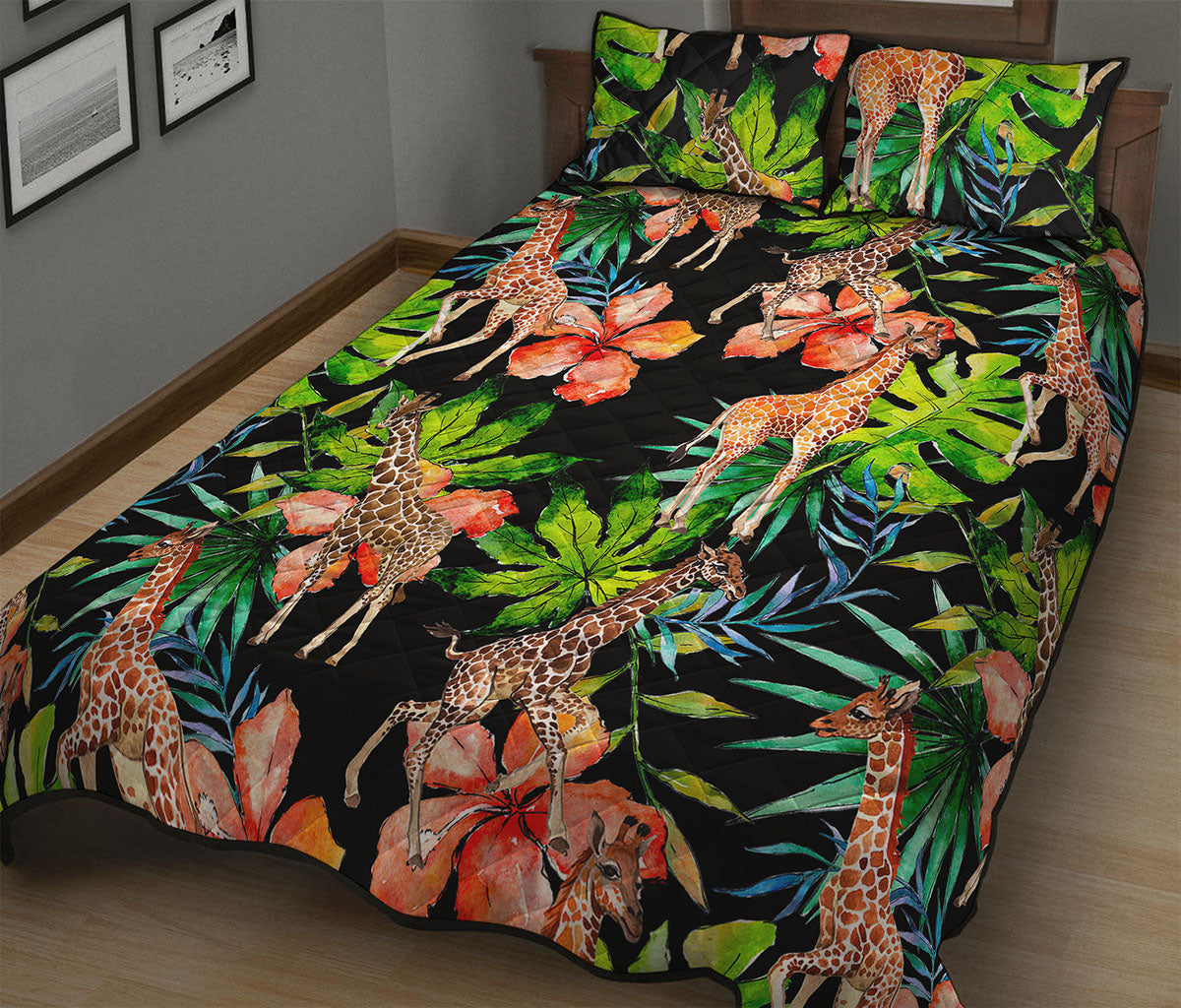 Black Tropical Giraffe Pattern Print Quilt Bed Set