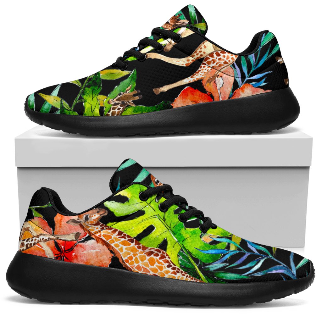 Black Tropical Giraffe Pattern Print Sport Shoes GearFrost