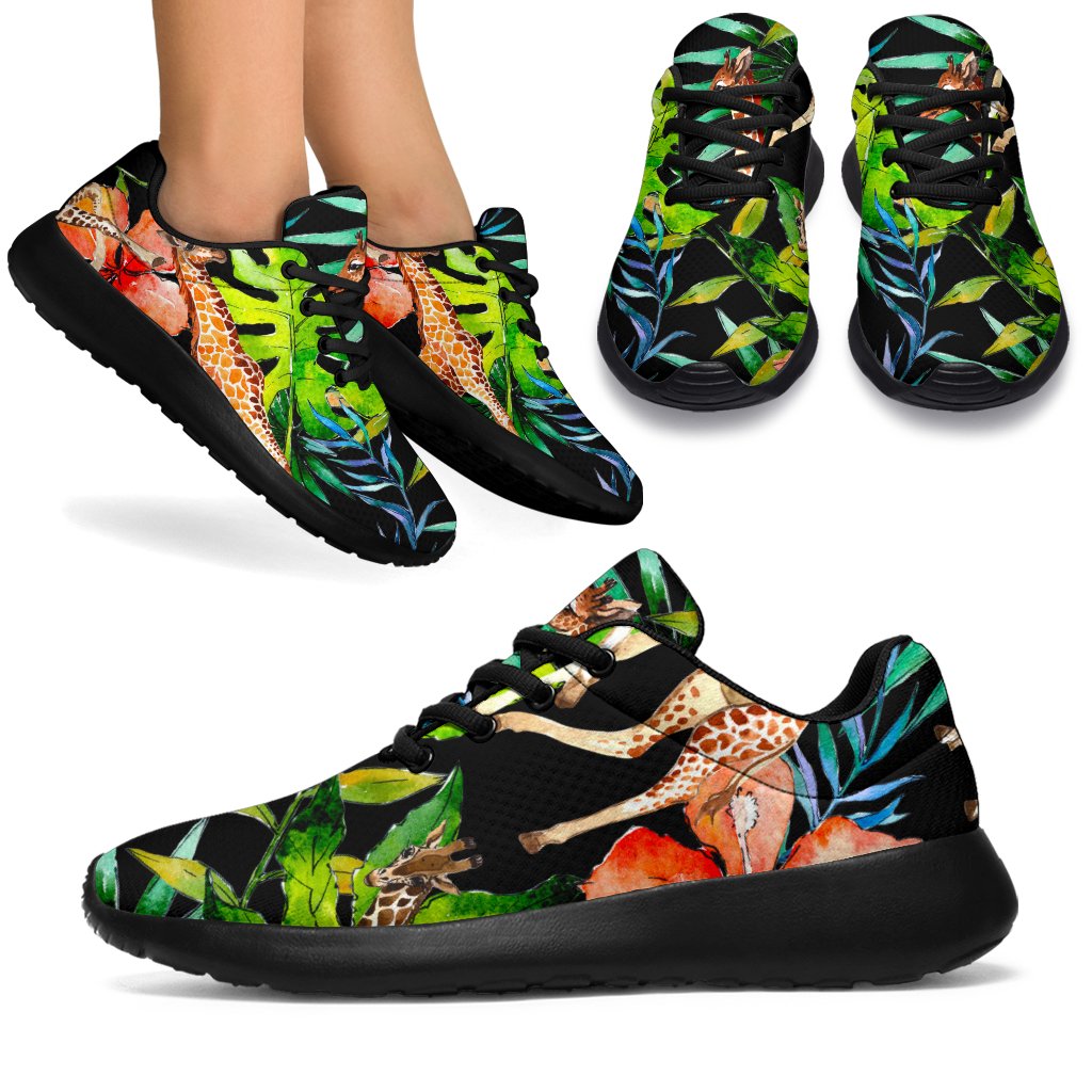 Black Tropical Giraffe Pattern Print Sport Shoes GearFrost