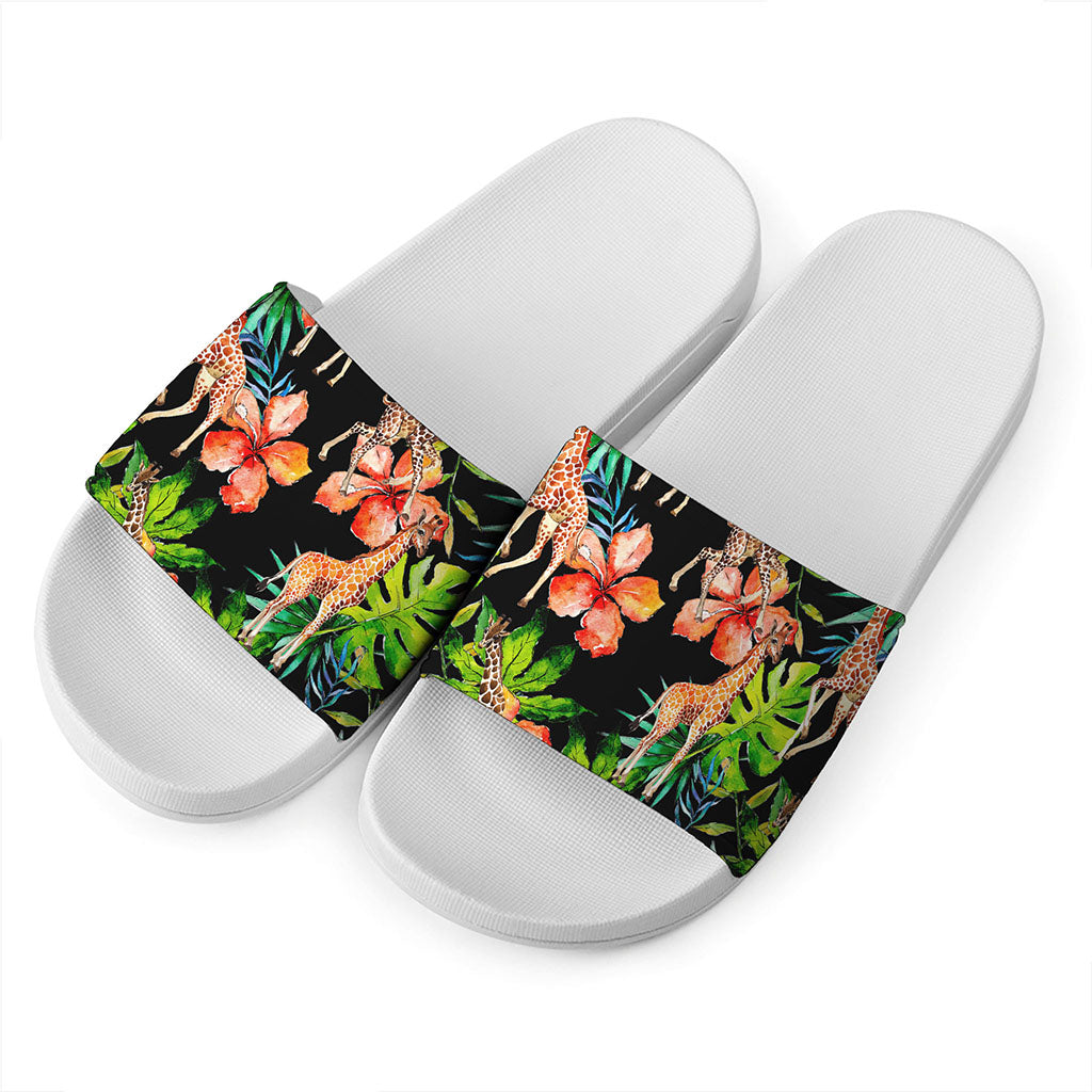 Black Tropical Giraffe Pattern Print White Slide Sandals