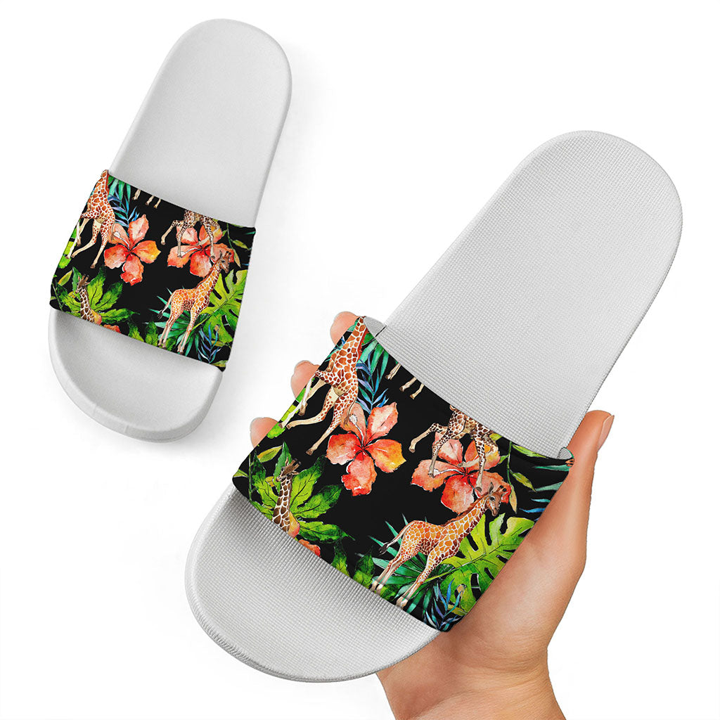 Black Tropical Giraffe Pattern Print White Slide Sandals