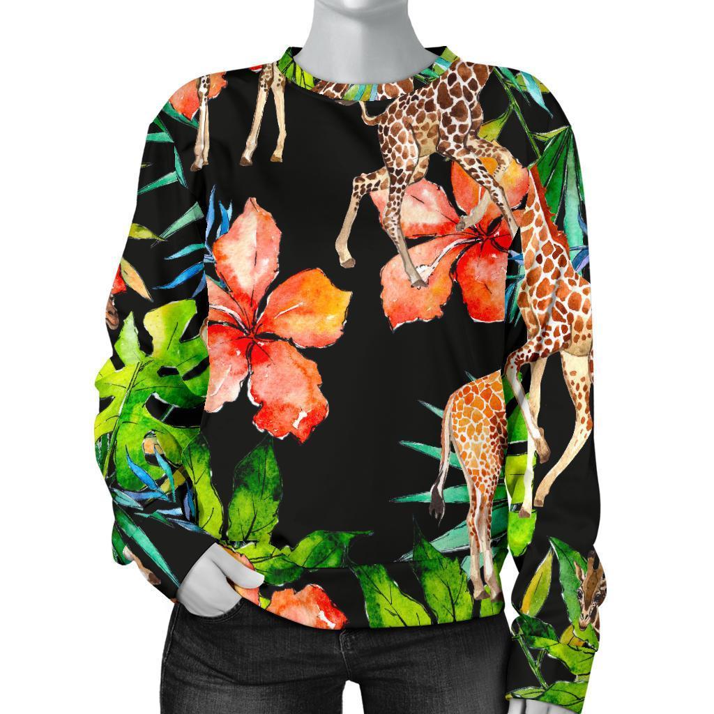 Black Tropical Giraffe Pattern Print Women's Crewneck Sweatshirt GearFrost