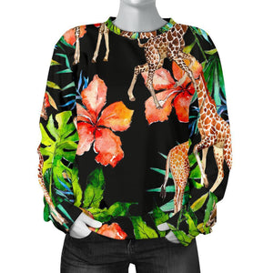 Black Tropical Giraffe Pattern Print Women's Crewneck Sweatshirt GearFrost