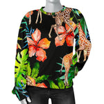 Black Tropical Giraffe Pattern Print Women's Crewneck Sweatshirt GearFrost