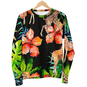 Black Tropical Giraffe Pattern Print Women's Crewneck Sweatshirt GearFrost