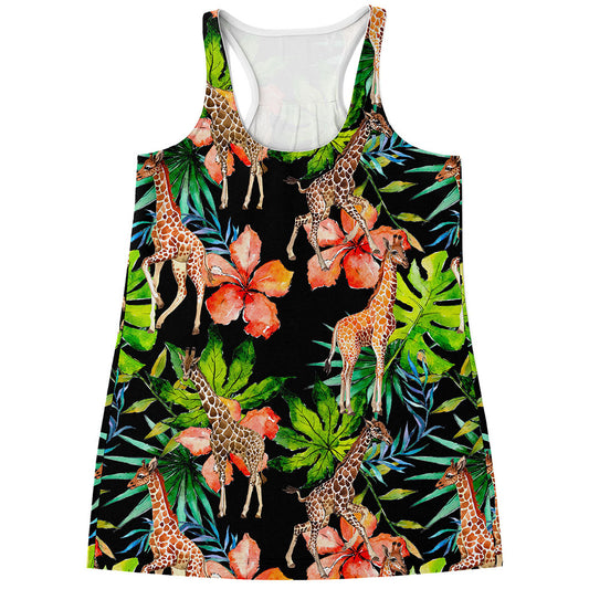 Black Tropical Giraffe Pattern Print Women's Racerback Tank Top
