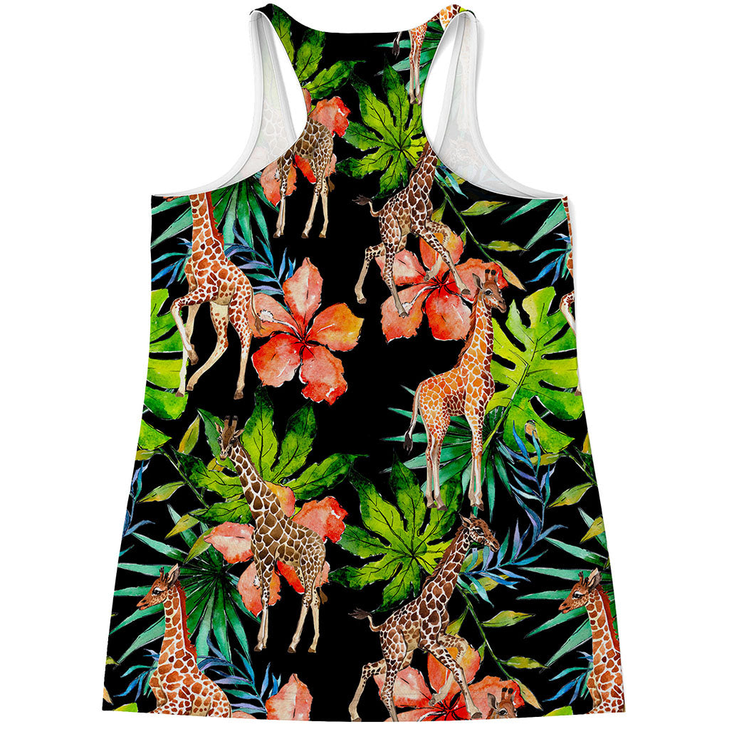 Black Tropical Giraffe Pattern Print Women's Racerback Tank Top