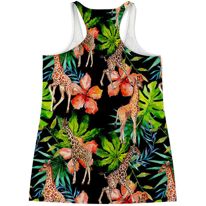Black Tropical Giraffe Pattern Print Women's Racerback Tank Top