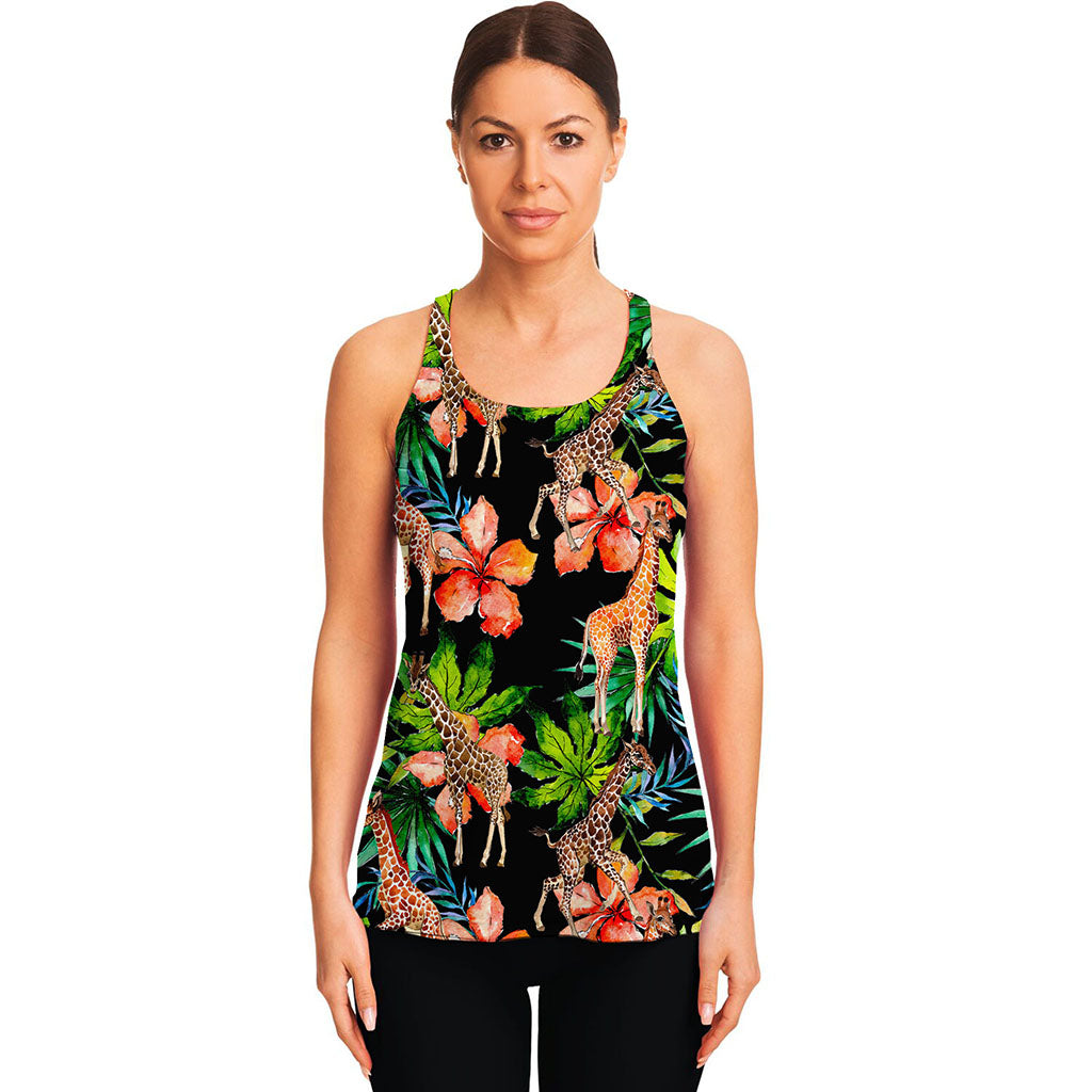 Black Tropical Giraffe Pattern Print Women's Racerback Tank Top