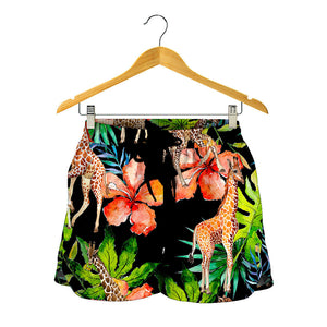 Black Tropical Giraffe Pattern Print Women's Shorts