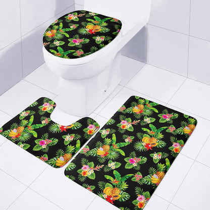 Black Tropical Hawaiian Pattern Print 3 Piece Bath Mat Set