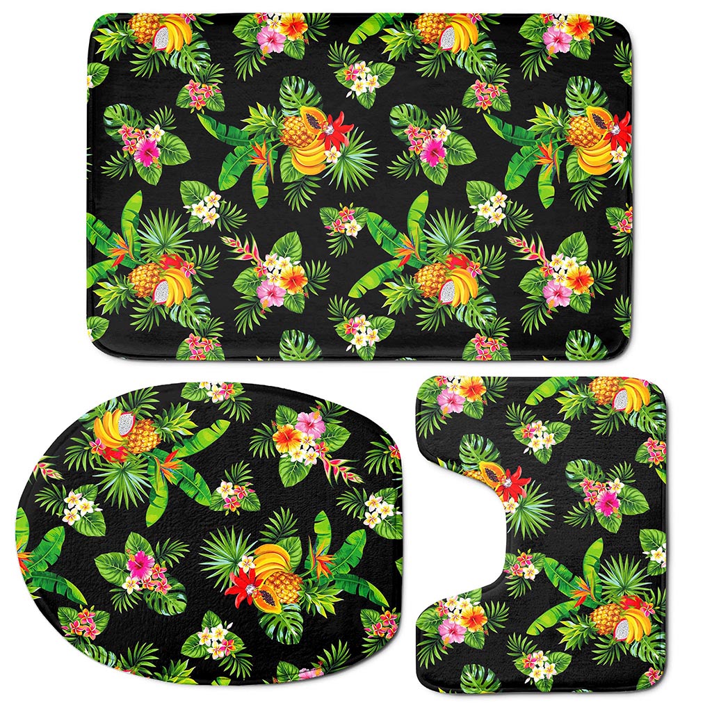 Black Tropical Hawaiian Pattern Print 3 Piece Bath Mat Set