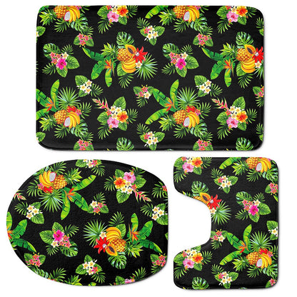 Black Tropical Hawaiian Pattern Print 3 Piece Bath Mat Set