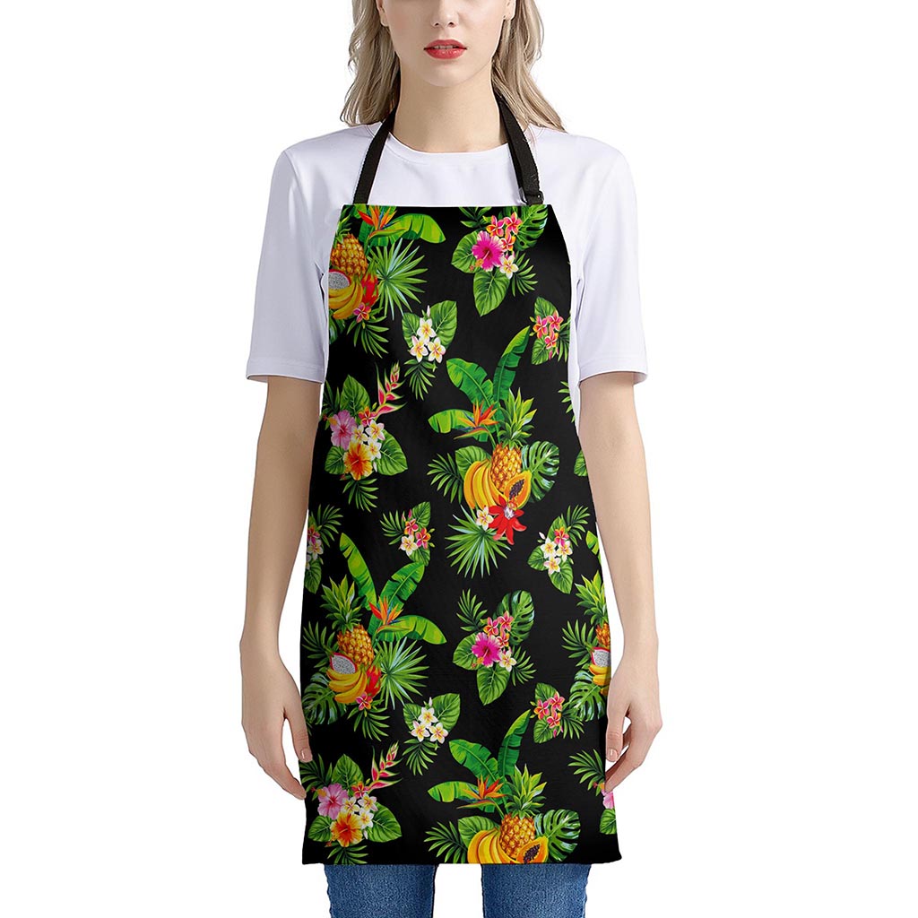 Black Tropical Hawaiian Pattern Print Apron