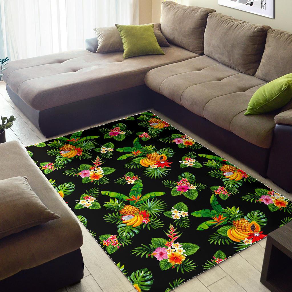 Black Tropical Hawaiian Pattern Print Area Rug GearFrost