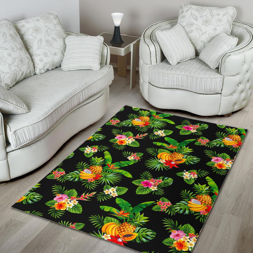 Black Tropical Hawaiian Pattern Print Area Rug GearFrost