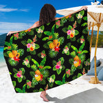 Black Tropical Hawaiian Pattern Print Beach Sarong Wrap