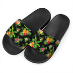 Black Tropical Hawaiian Pattern Print Black Slide Sandals
