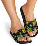 Black Tropical Hawaiian Pattern Print Black Slide Sandals