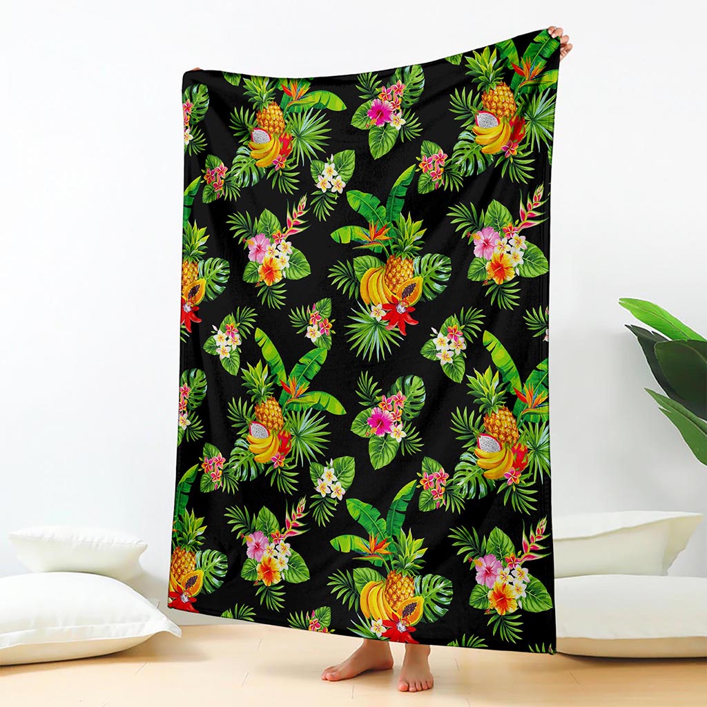Black Tropical Hawaiian Pattern Print Blanket