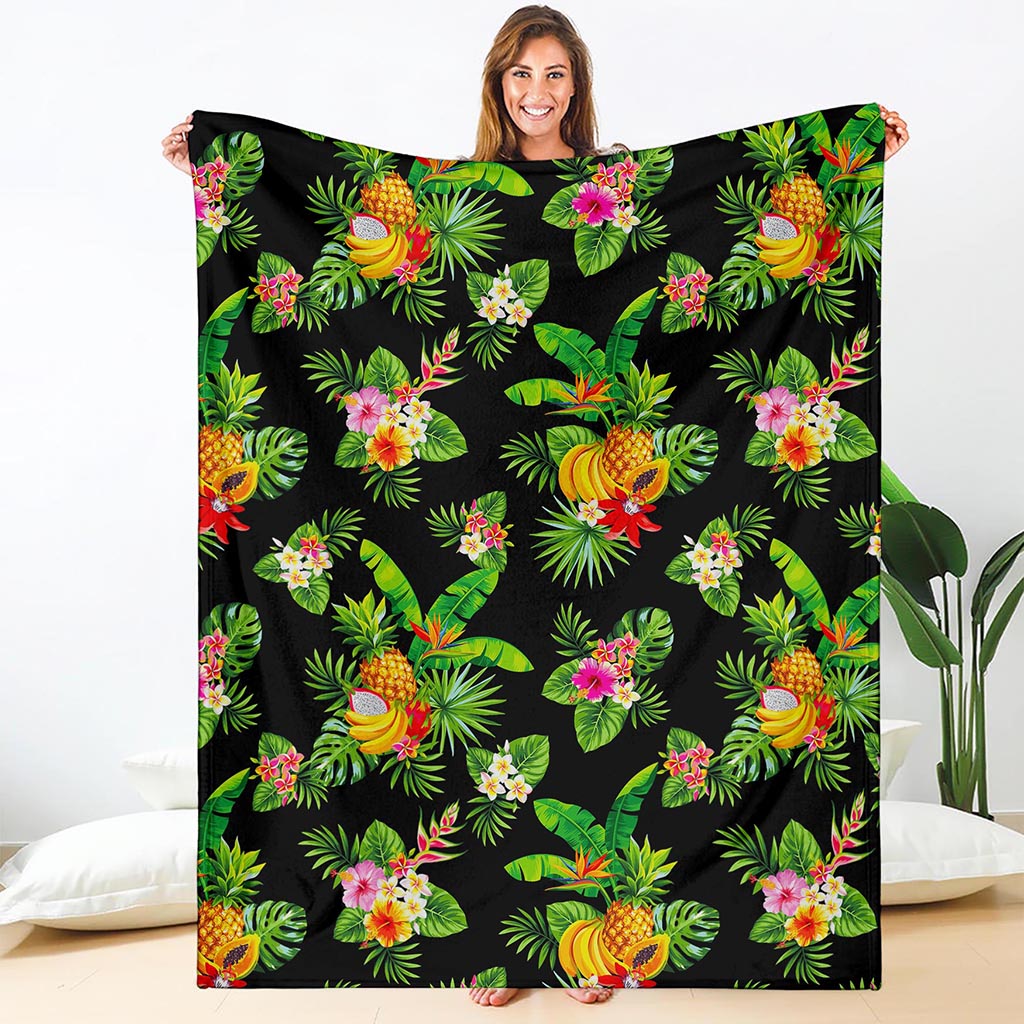 Black Tropical Hawaiian Pattern Print Blanket