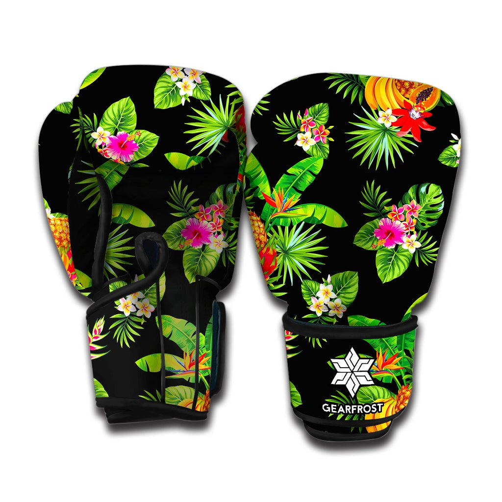 Black Tropical Hawaiian Pattern Print Boxing Gloves