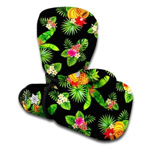 Black Tropical Hawaiian Pattern Print Boxing Gloves