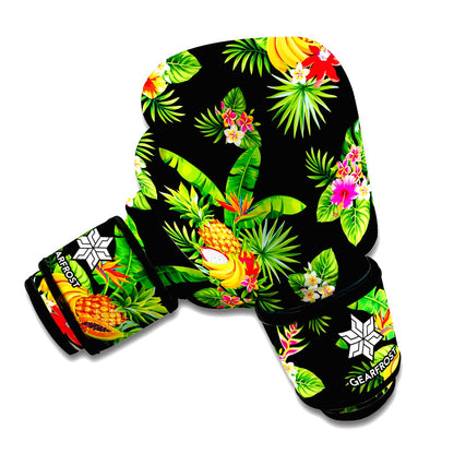 Black Tropical Hawaiian Pattern Print Boxing Gloves