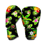 Black Tropical Hawaiian Pattern Print Boxing Gloves