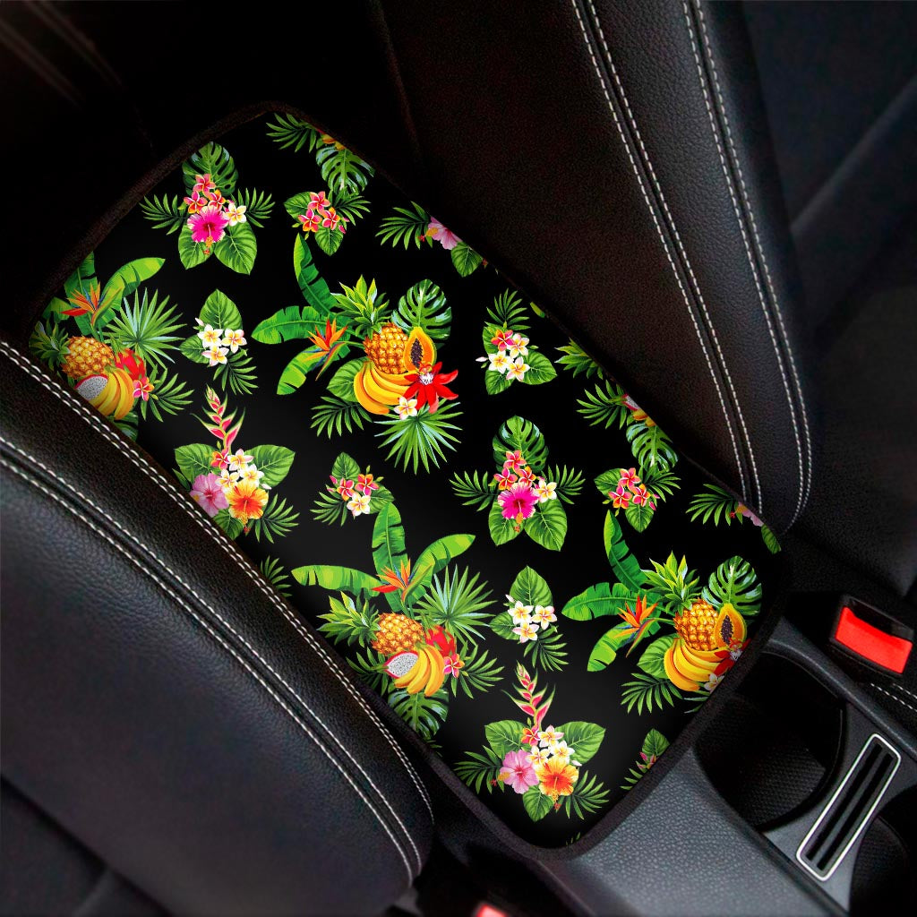 Black Tropical Hawaiian Pattern Print Car Center Console Cover