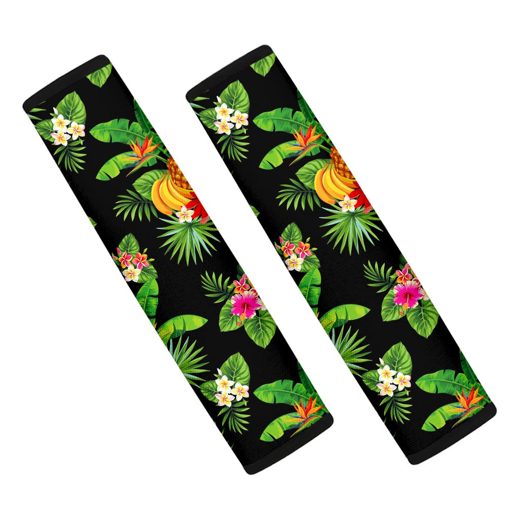 Black Tropical Hawaiian Pattern Print Car Seat Belt Covers