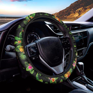 Black Tropical Hawaiian Pattern Print Car Steering Wheel Cover