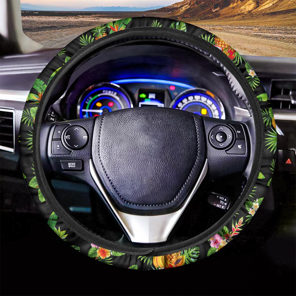 Black Tropical Hawaiian Pattern Print Car Steering Wheel Cover