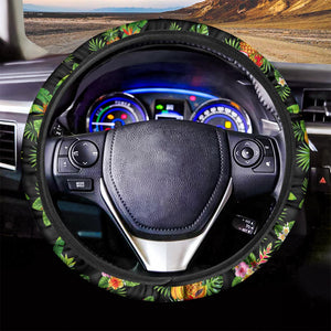 Black Tropical Hawaiian Pattern Print Car Steering Wheel Cover