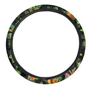 Black Tropical Hawaiian Pattern Print Car Steering Wheel Cover