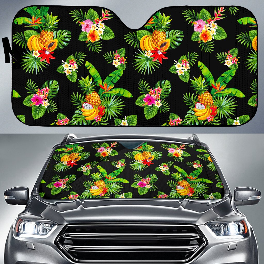 Black Tropical Hawaiian Pattern Print Car Sun Shade GearFrost