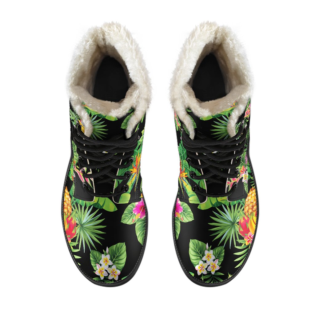 Black Tropical Hawaiian Pattern Print Comfy Boots GearFrost