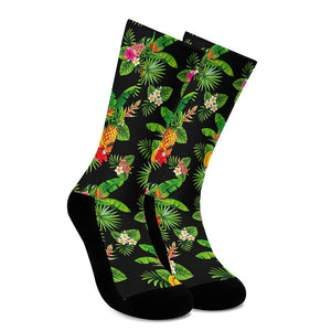 Black Tropical Hawaiian Pattern Print Crew Socks